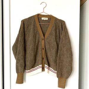 SoloSix brown alpaca cardigan with red stripe